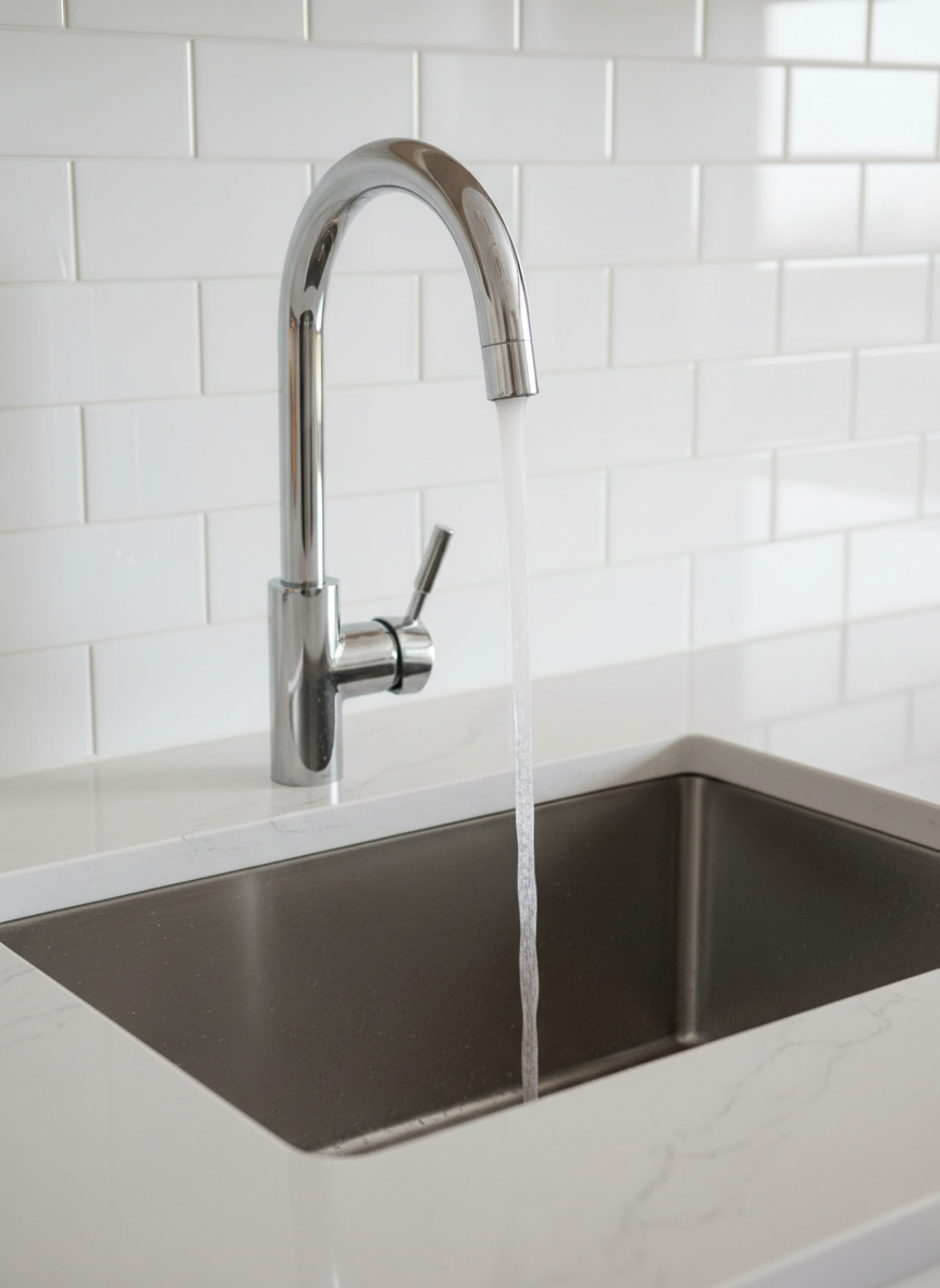 A spotless, modern stainless steel kitchen sink with a high-arc chrome faucet in mid-flow, clear water streaming in a perfect arc into an empty basin. The sink is set into a smooth, light quartz countertop with subtle gray veining, backed by a clean white subway tile backsplash. Soft daytime light from an unseen window to the left creates gentle reflections on the metal and faint shadows along the counter edge. The composition is eye-level and centered, with sharp focus on the faucet and water, while the background tiles softly blur. The mood is professional, clean, and reassuring, evoking reliable, high-quality plumbing service in realistic photographic style.