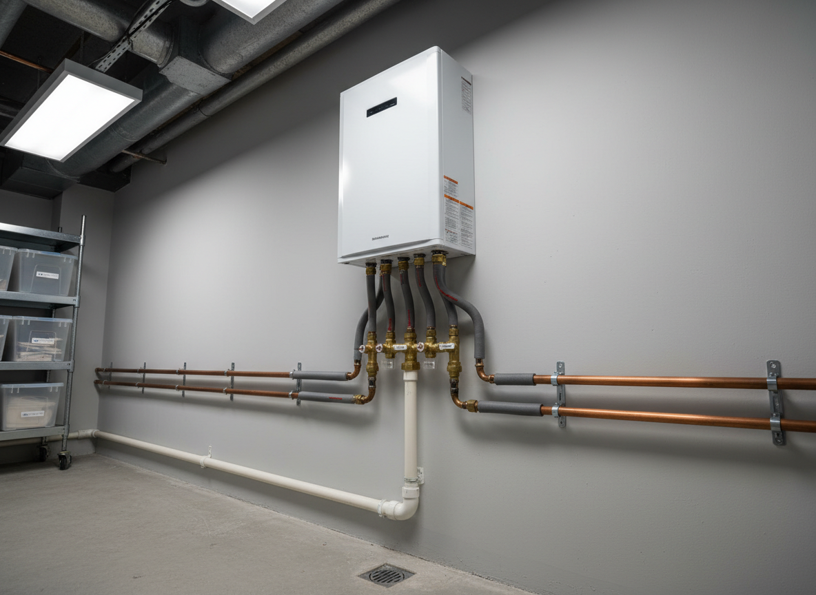 A basement mechanical room featuring a professionally installed tankless water heater system, insulated hot and cold water lines, and neatly routed PVC drainage. The white tankless unit is mounted on a painted light-gray wall, with carefully labeled valves and shutoffs below. Copper and PEX piping run in straight, disciplined lines, secured with uniform brackets. Overhead LED utility lighting provides bright, neutral illumination, creating crisp, clean shadows that emphasize order and precision. Shot from a slightly low, three-quarter angle in photographic realism, the composition highlights the system as the central subject while still showing a clean concrete floor and partial view of an organized storage shelf. The atmosphere is technical, reliable, and highly professional, ideal for illustrating advanced residential and commercial plumbing expertise.