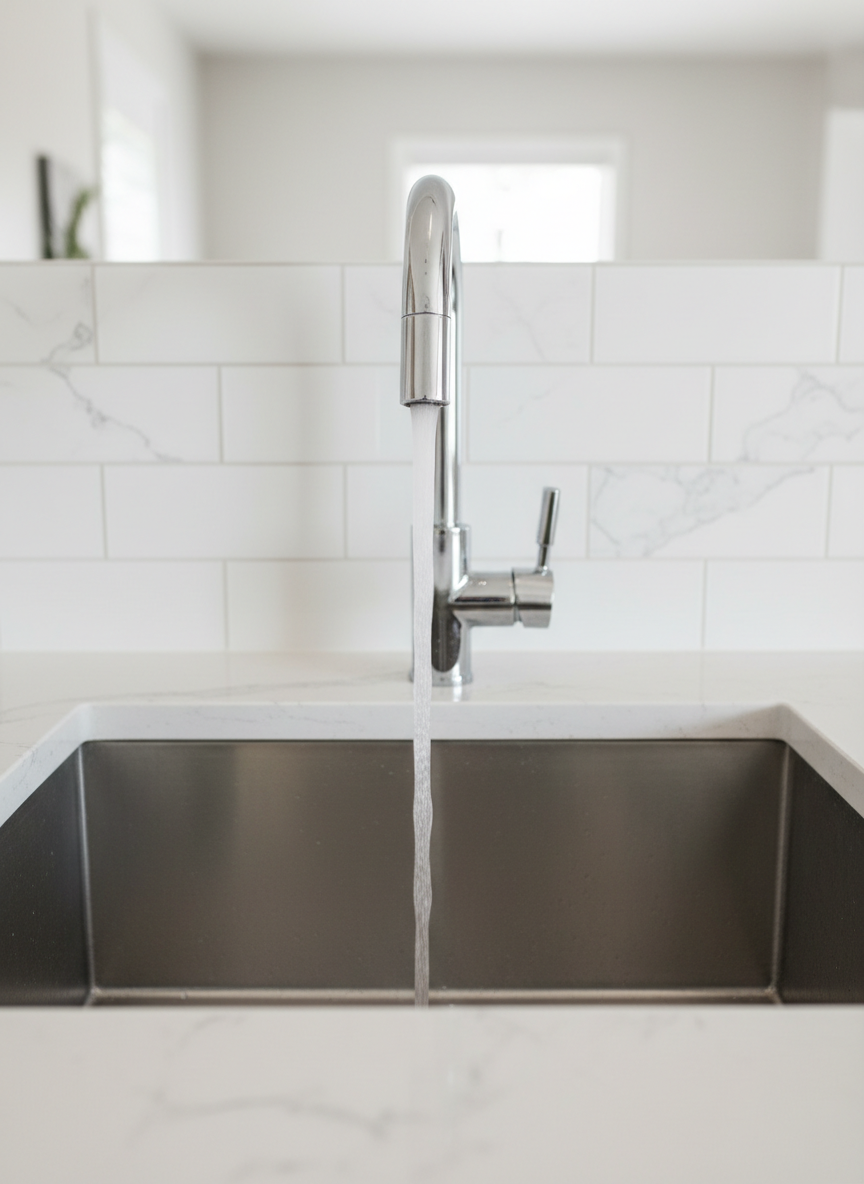 A spotless, modern stainless steel kitchen sink with a high-arc chrome faucet in mid-flow, clear water streaming in a perfect arc into an empty basin. The sink is set into a smooth, light quartz countertop with subtle gray veining, backed by a clean white subway tile backsplash. Soft daytime light from an unseen window to the left creates gentle reflections on the metal and faint shadows along the counter edge. The composition is eye-level and centered, with sharp focus on the faucet and water, while the background tiles softly blur. The mood is professional, clean, and reassuring, evoking reliable, high-quality plumbing service in realistic photographic style.