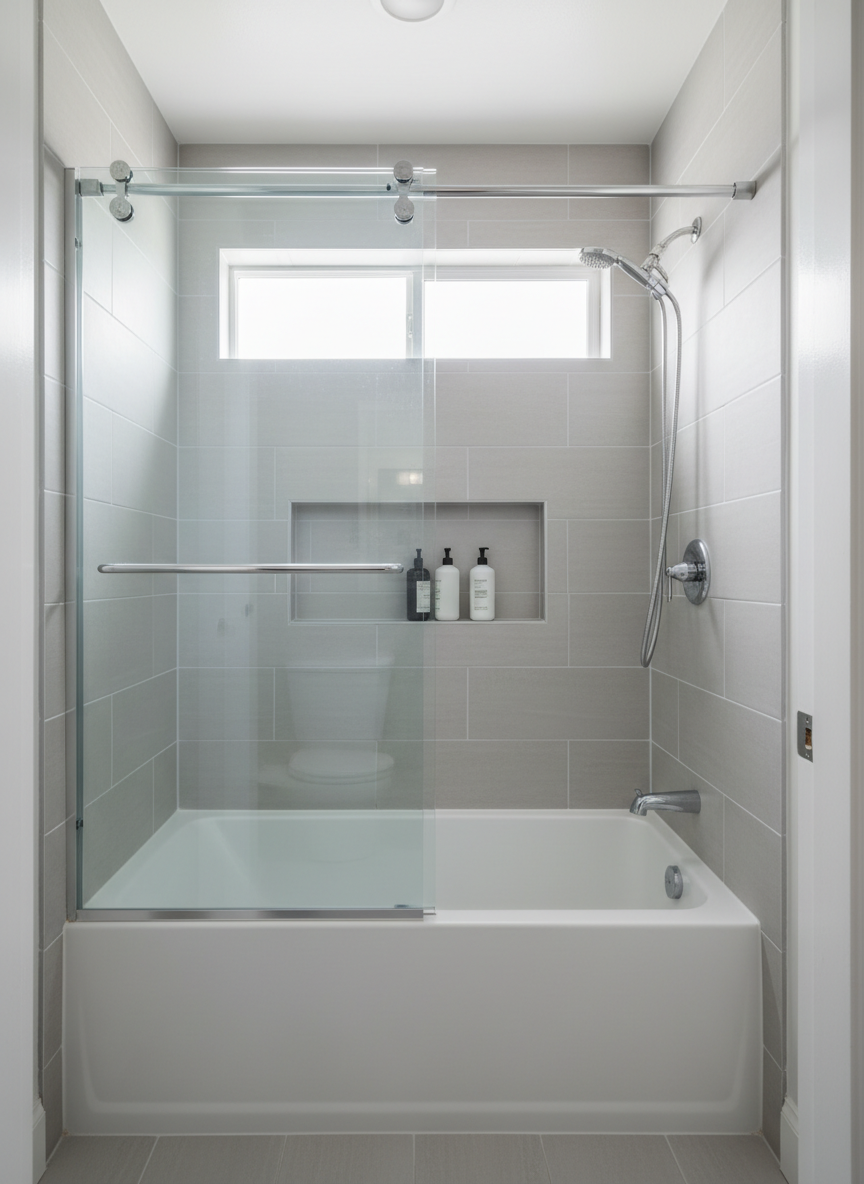 A clean, contemporary residential bathroom showcasing a newly installed bathtub and shower system, with pristine white acrylic tub, polished chrome fixtures, and a clear glass sliding door. Large, light-gray porcelain tiles cover the walls with perfectly aligned grout lines, and a matching tiled niche holds neatly arranged bottles. Soft, diffused daylight enters from a frosted window, casting a gentle glow across the surfaces and subtle reflections on the chrome showerhead and faucet. Photographed at a slightly wide angle from the doorway, everything is in sharp focus to emphasize quality workmanship. The mood is fresh, orderly, and dependable, conveying long-lasting, professional plumbing solutions in a bright, realistic photographic style suitable for a trustworthy service website.