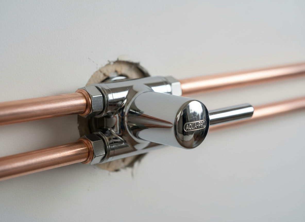 A detailed close-up of a polished chrome shut-off valve connected to new, bright copper piping emerging from a freshly patched section of drywall. The valve handle is perfectly aligned, with pristine threads and a subtle manufacturer’s mark. The surrounding wall is painted a neutral eggshell white, with clean edges where the repair was expertly completed. Soft, directional studio-style lighting from the right creates a gentle highlight along the curve of the valve and a soft shadow falling to the left, emphasizing the texture of the metal and the smoothness of the wall. Captured in macro photographic realism with a shallow depth of field, the valve is razor-sharp while the background subtly blurs. The mood is meticulous and precise, underscoring attention to detail and quality workmanship.